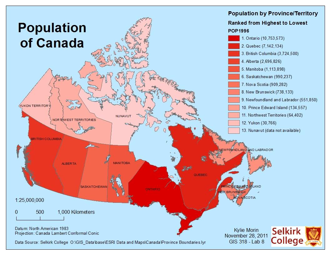 Canada population map Demographic map of Canada (Northern America