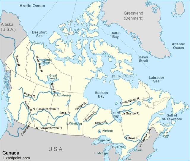 Canada water map - Canada waterways map (Northern America - Americas)