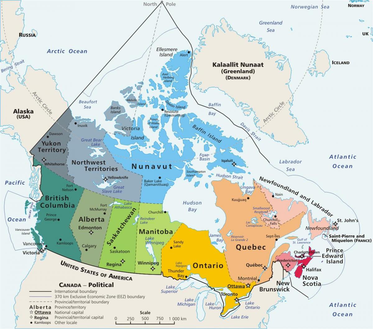 coloured map of Canada with provinces