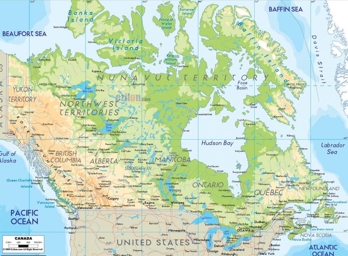 a physical map of Canada